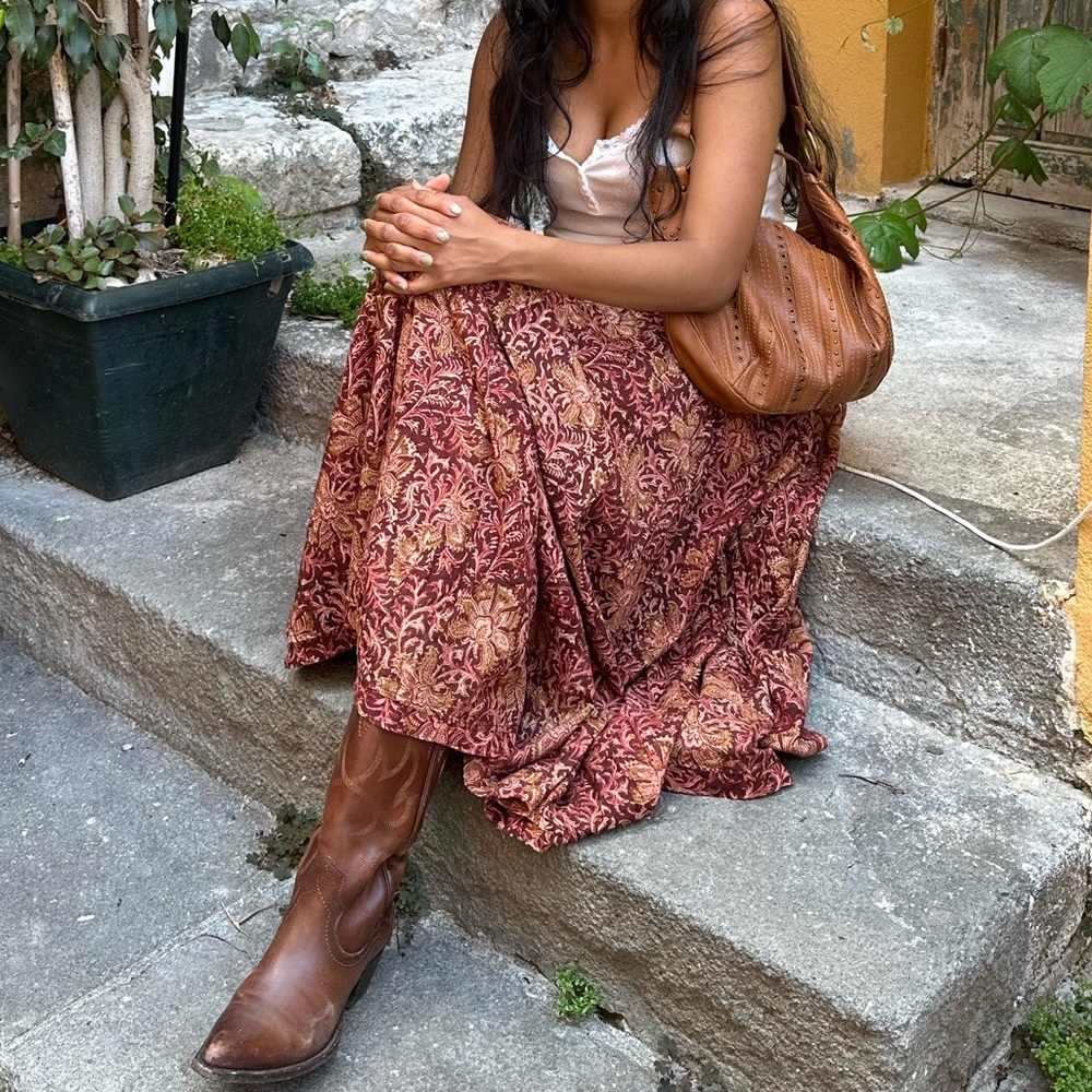 burgundy / maroon floral midi skirt